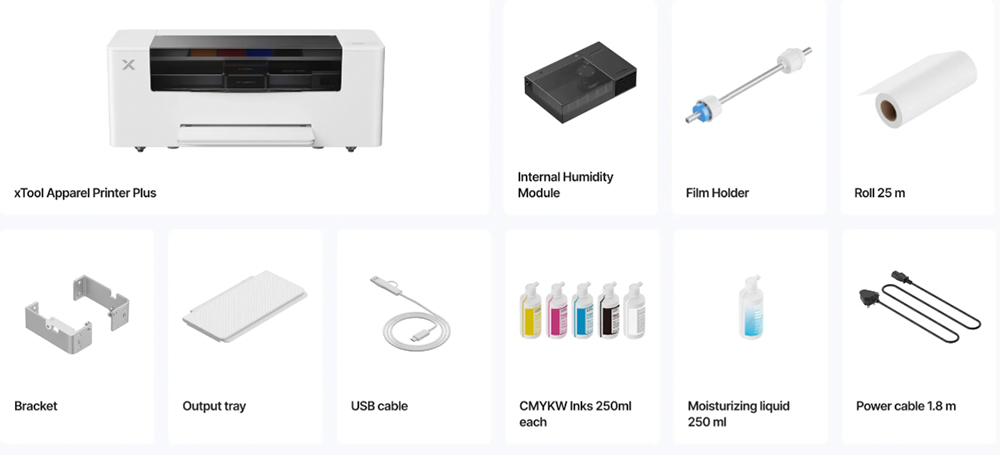 Various printing supplies and accessories displayed on a white background.