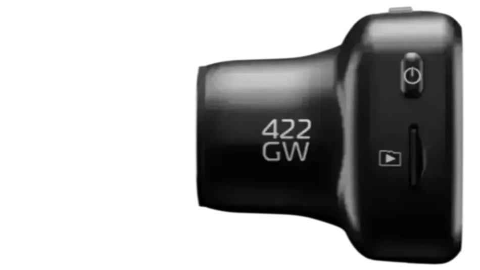 Close-up of a black camera lens with model number 422 GW.