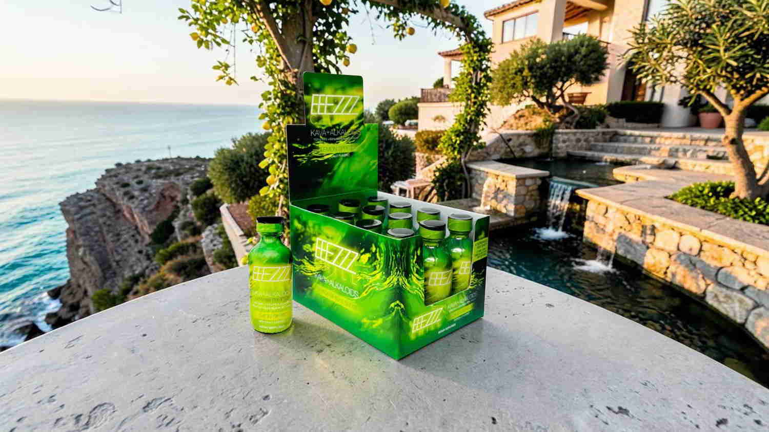 Green beverage bottles on a stone surface with a scenic backdrop.
