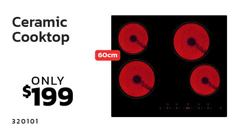 Ceramic cooktop with four red burners and price tag of $199.