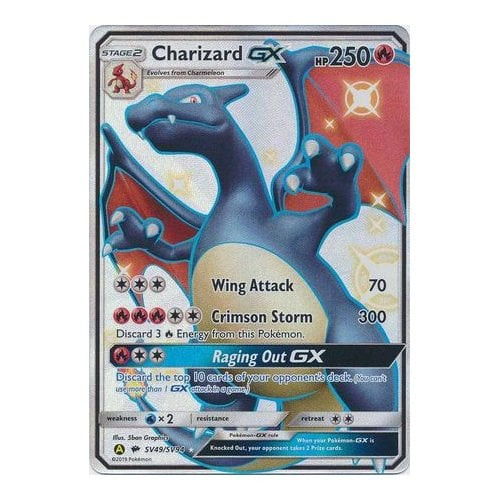 Charizard GX Pokémon card featuring attack details and stats.