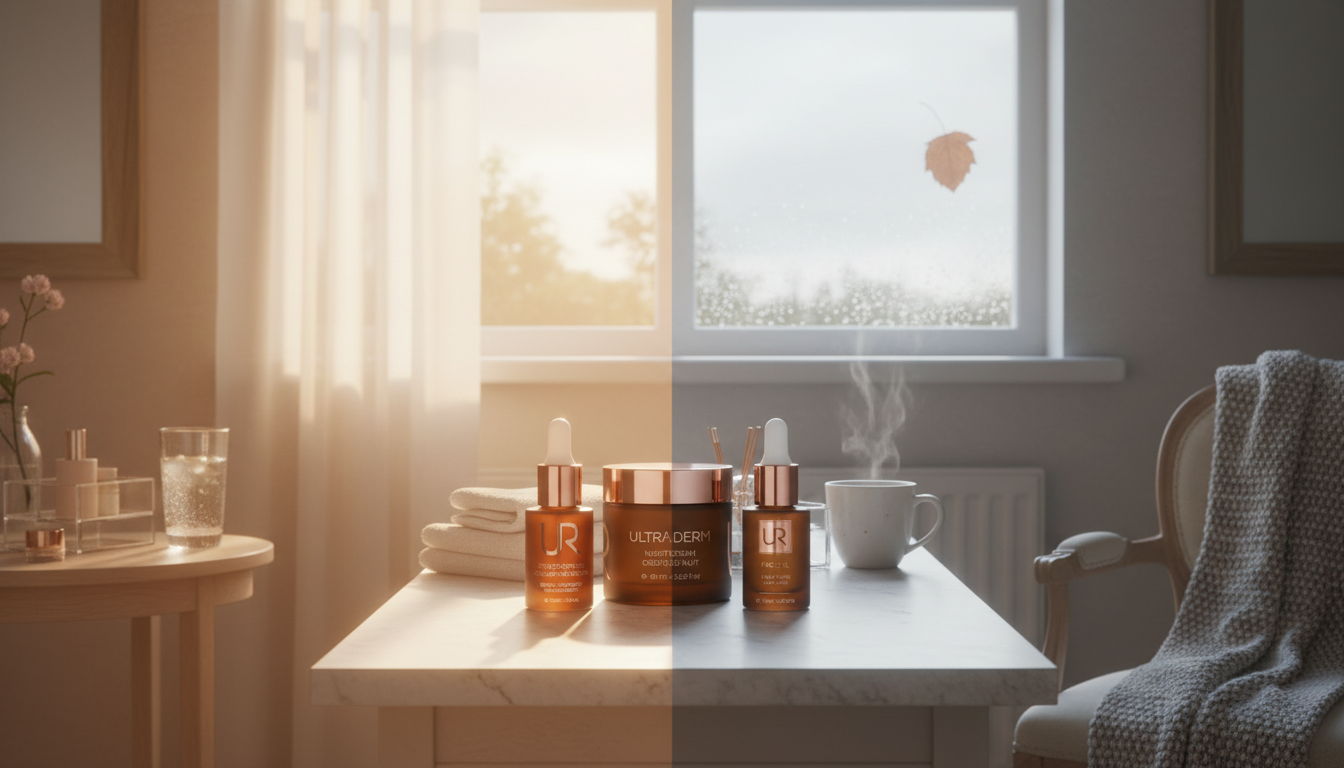 A bright room with UR Night-time Ritual skincare products on a table and a window view.