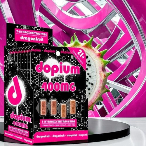 Package of Dopium 400mg with vibrant pink background and graphic design elements.