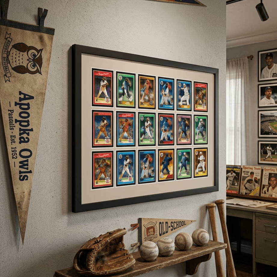 A collection of framed baseball cards on a wall in a cozy room.