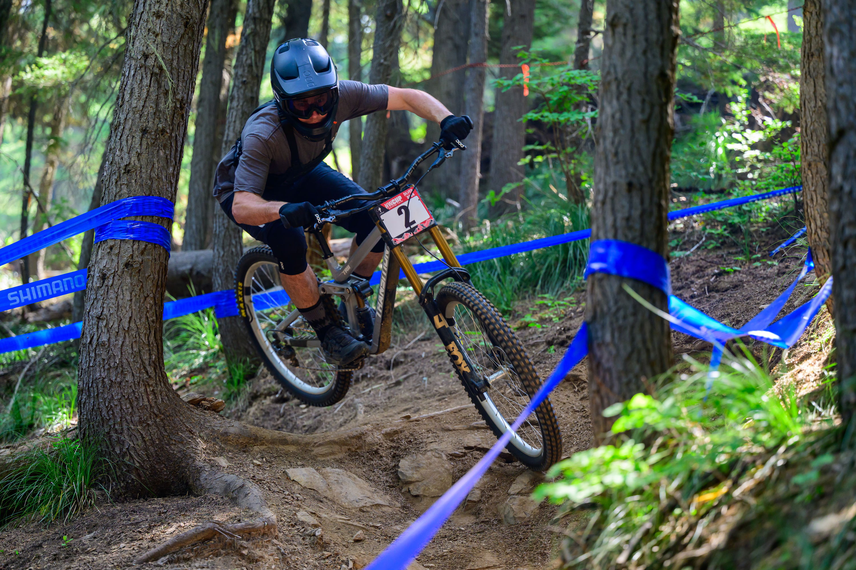 Mountain biker navigating a wooded trail with blue tape barriers.