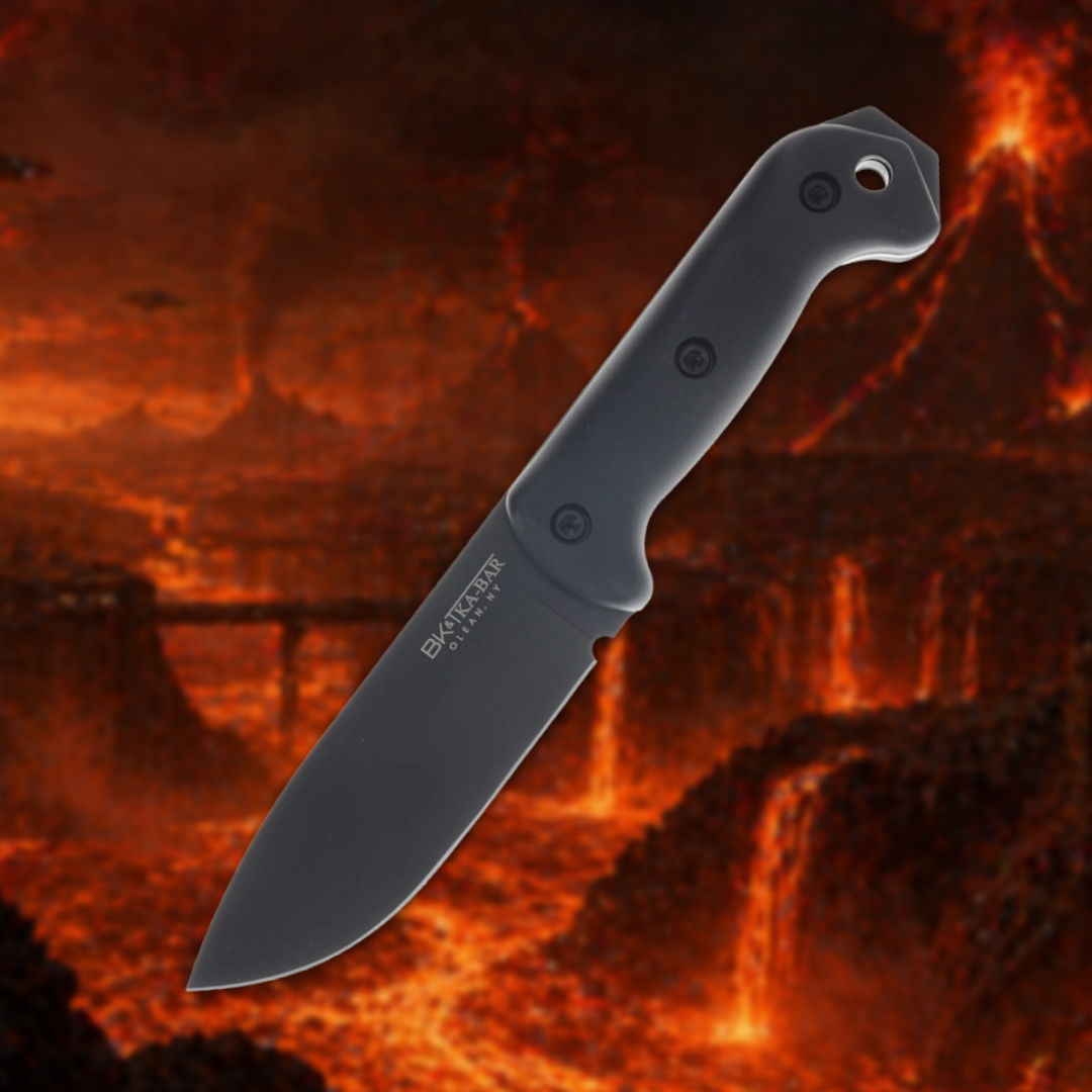 Black knife against a fiery volcanic background.