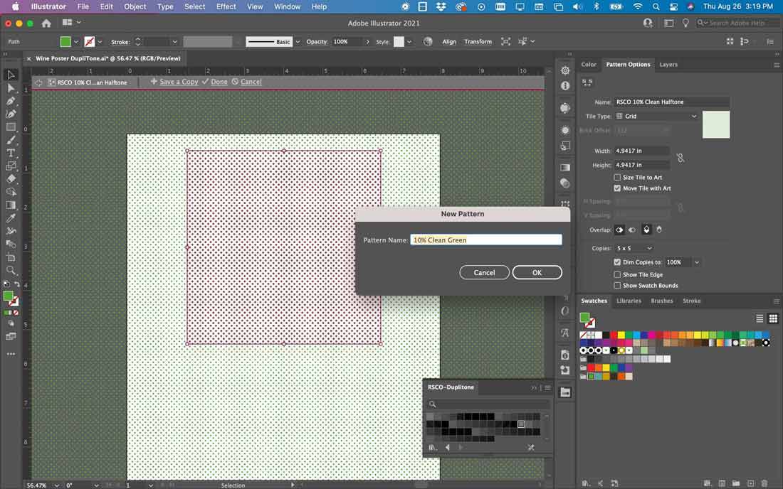Creating a new pattern swatch of halftones in Adobe Illustrator