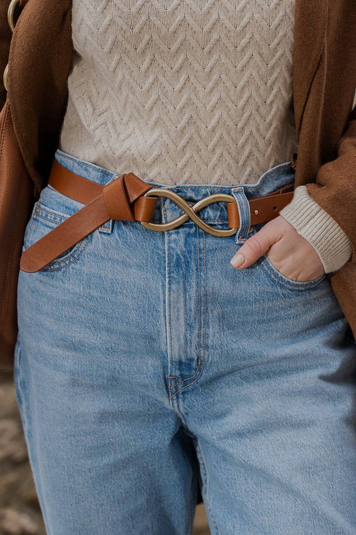 The Amata Tan Leather Belt with Infinity Hardware