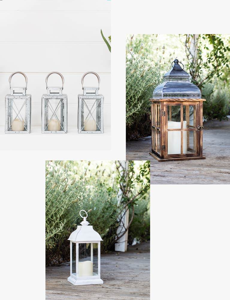 Different types of lanterns with LED candles inside.
