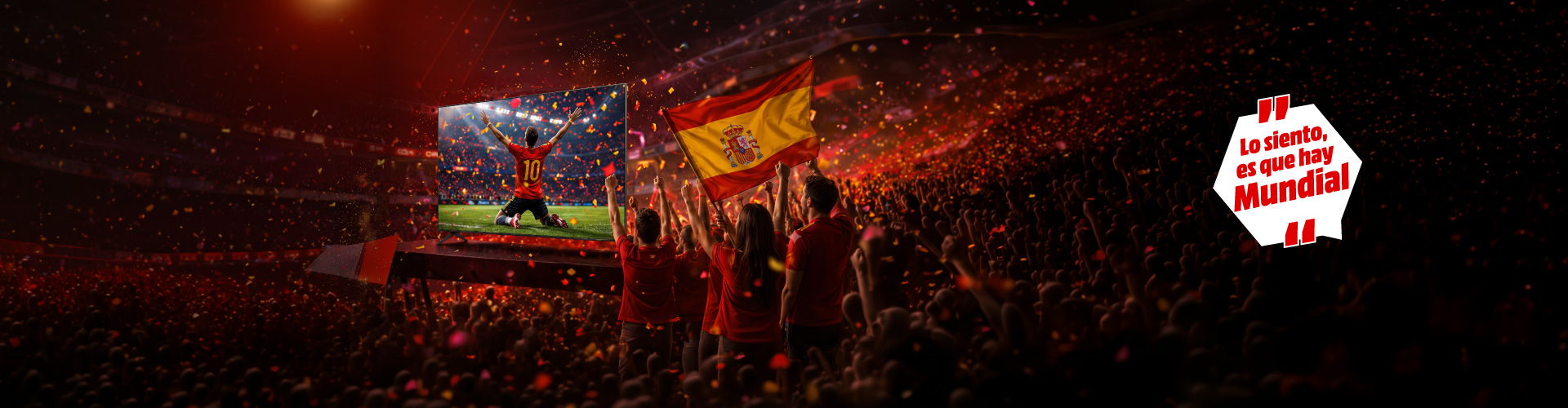 Soccer fans celebrate with flags at a stadium during a match.