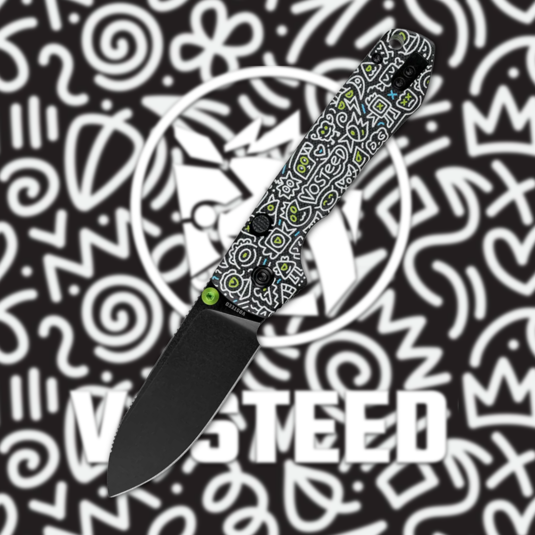 Knife with a patterned handle on a graphic background.