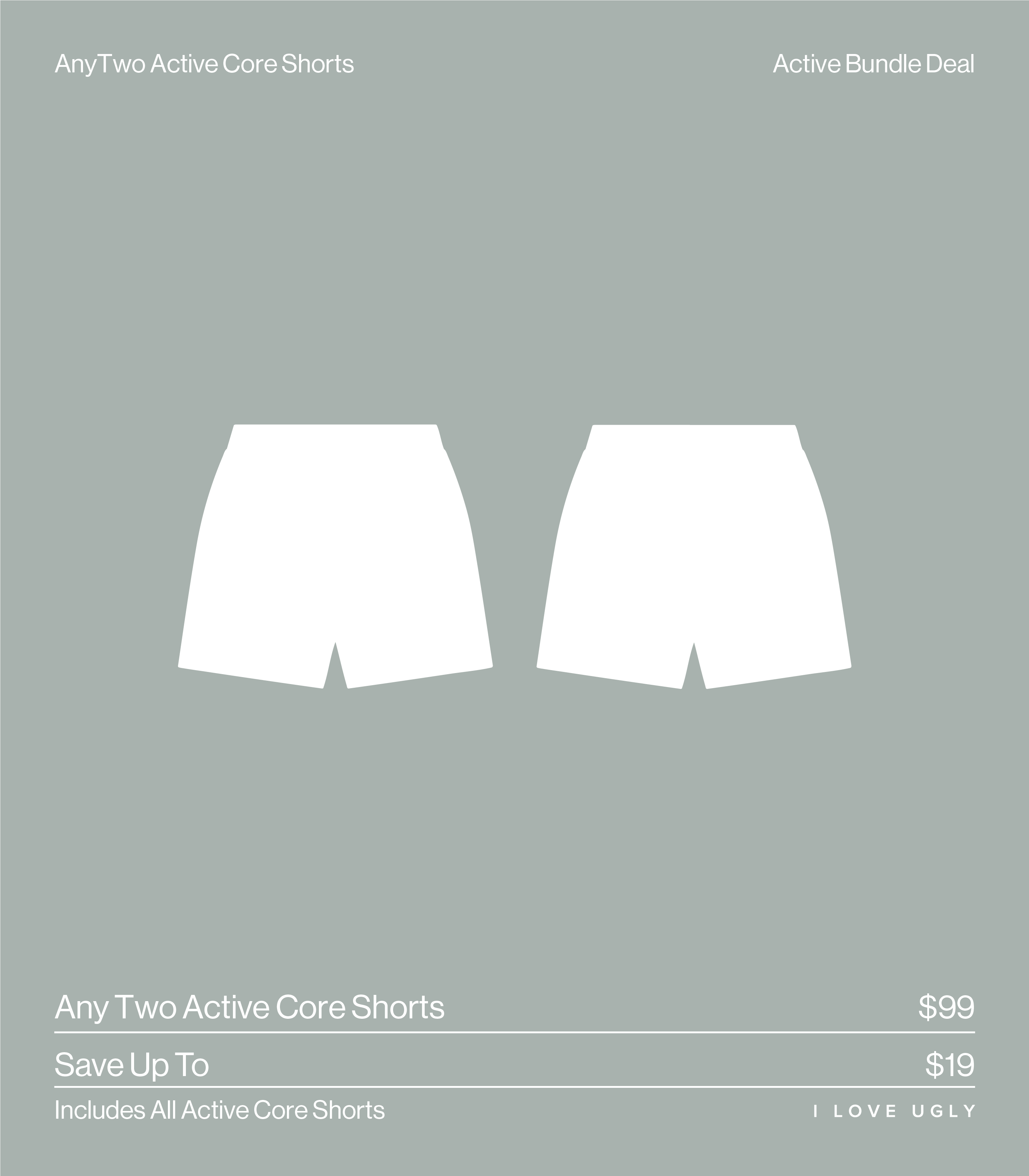 Two pairs of white shorts on a gray background with pricing details.