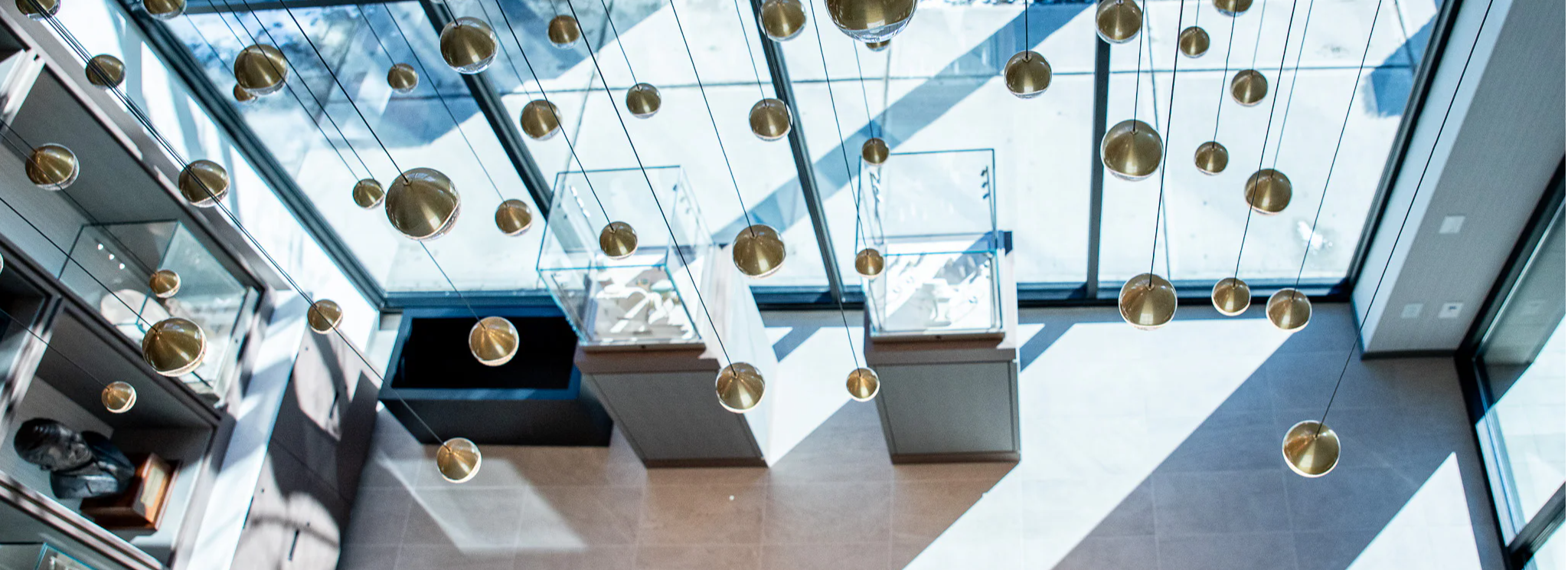 Interior front of store with hanging energy efficient lighting