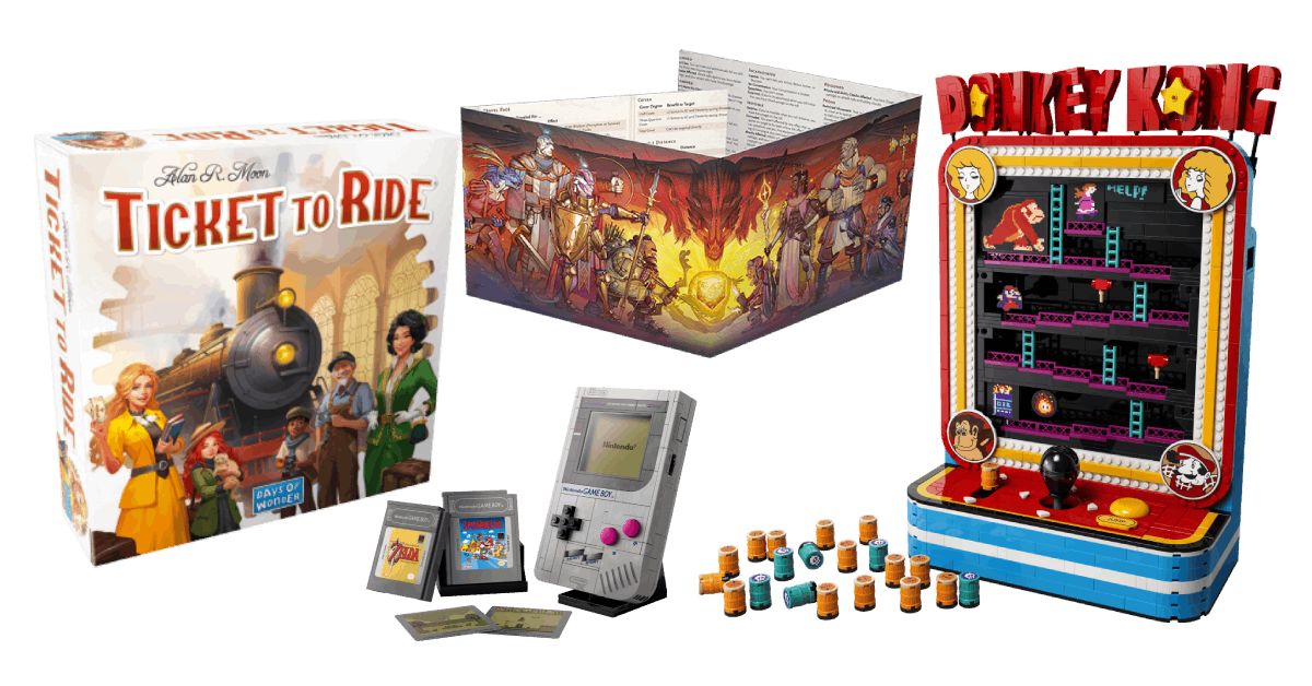 A few of Ben's choice picks. Left to right; Ticket to Ride Board Game, LEGO Game Boy Set, Dungeons & Dragons DM Screen, LEGO Donkey Kong Arcade Set