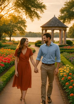 Romantic stroll and engagement at the Dallas Arboretum garden walkway