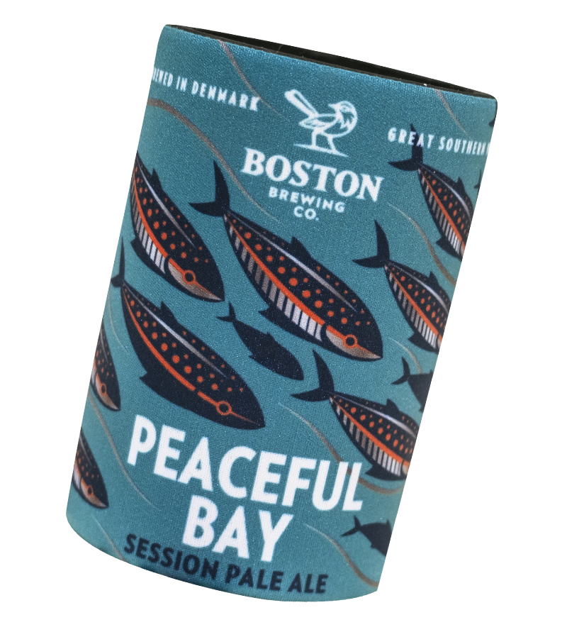 Sublimated Boston Brewing Co. Stubby holder featuring Peaceful Bay Session Pale Ale label design
