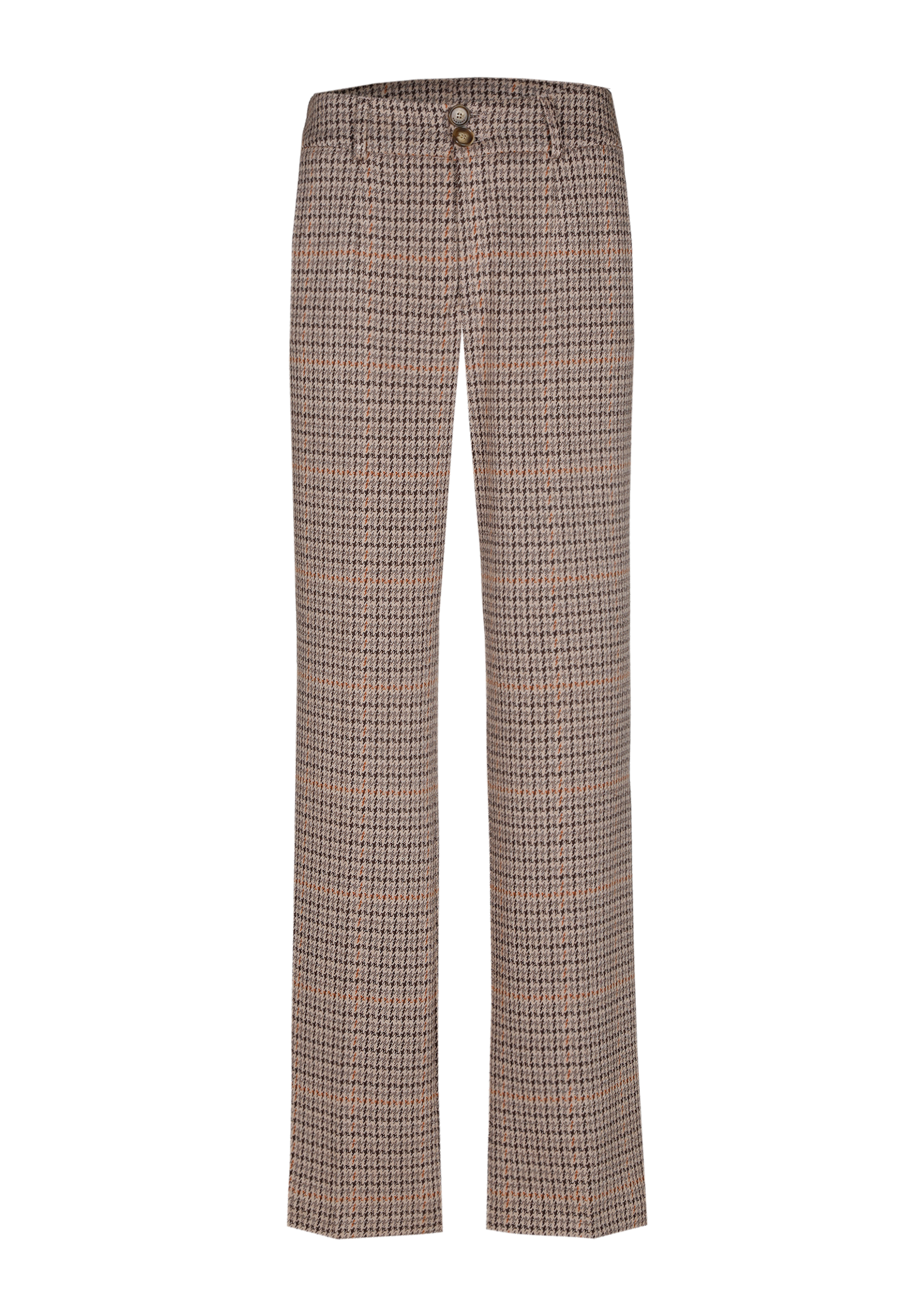Brown plaid trousers with a straight leg and button closure.