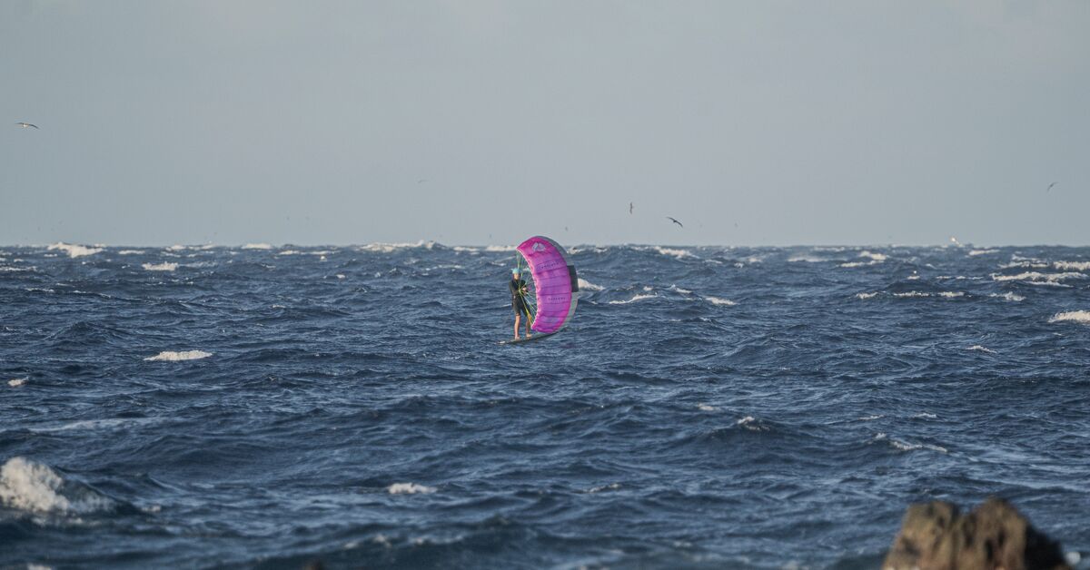 Person parawing on a blue ocean with a pink wing.