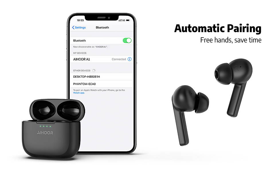 AIHOOR Auriculares inalámbricos para teléfonos iOS y Android, auriculares  Bluetooth 5.0 con graves extra, micrófono integrado, control táctil, funda