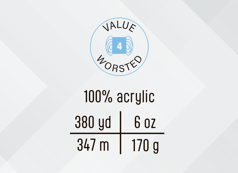 Label for worsted yarn: 100% acrylic, 380 yd, 6 oz, 347 m, 170 g.