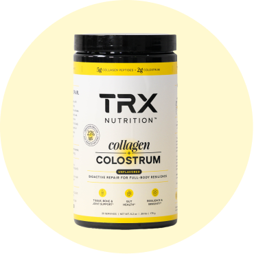 TRX Nutrition collagen colostrum powder container on a light background.