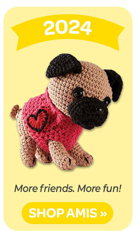 Amigurumi pug wearing a pink shirt with a heart, promoting 2024. More fiends. More fun. Shop Amis.