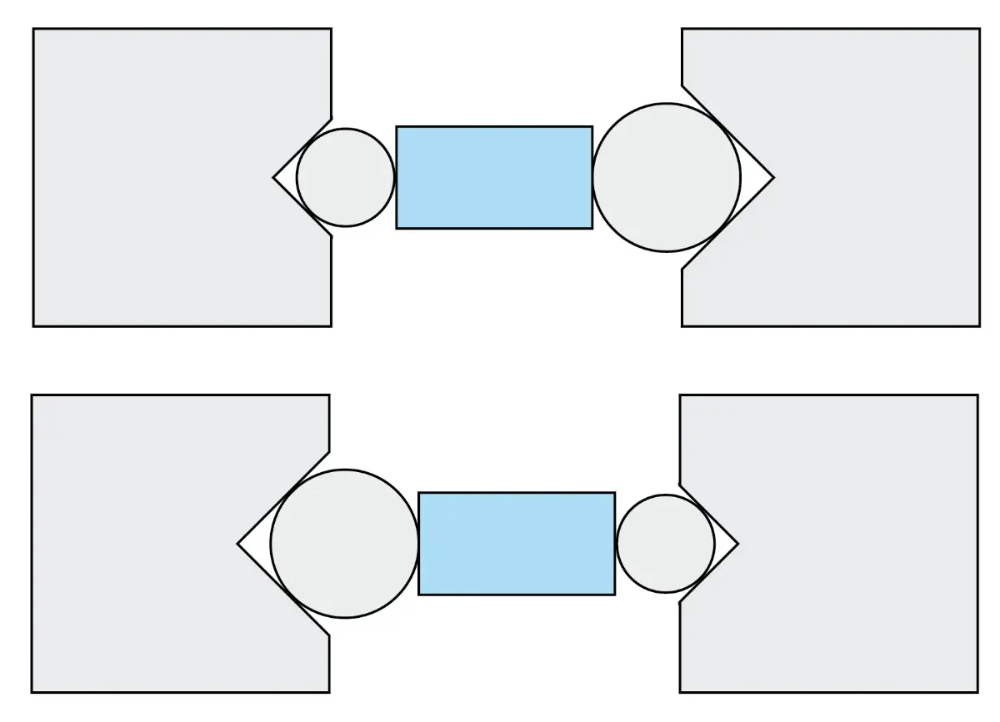 Schematic of a gauge block setting the spacing between two shafts