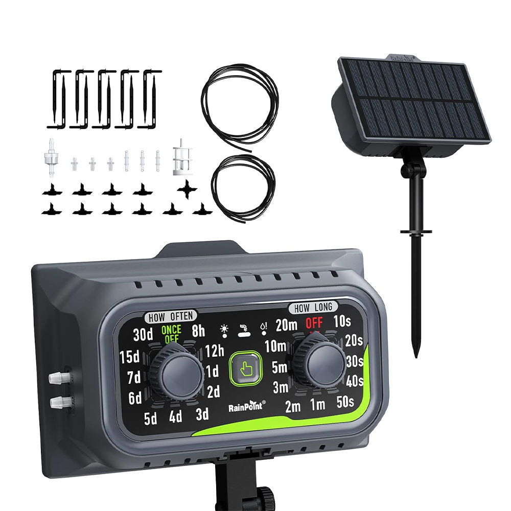Solar-powered garden irrigation timer with accessories and mounting hardware.