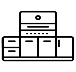 A modern kitchen with oven, cabinets, and drawers.