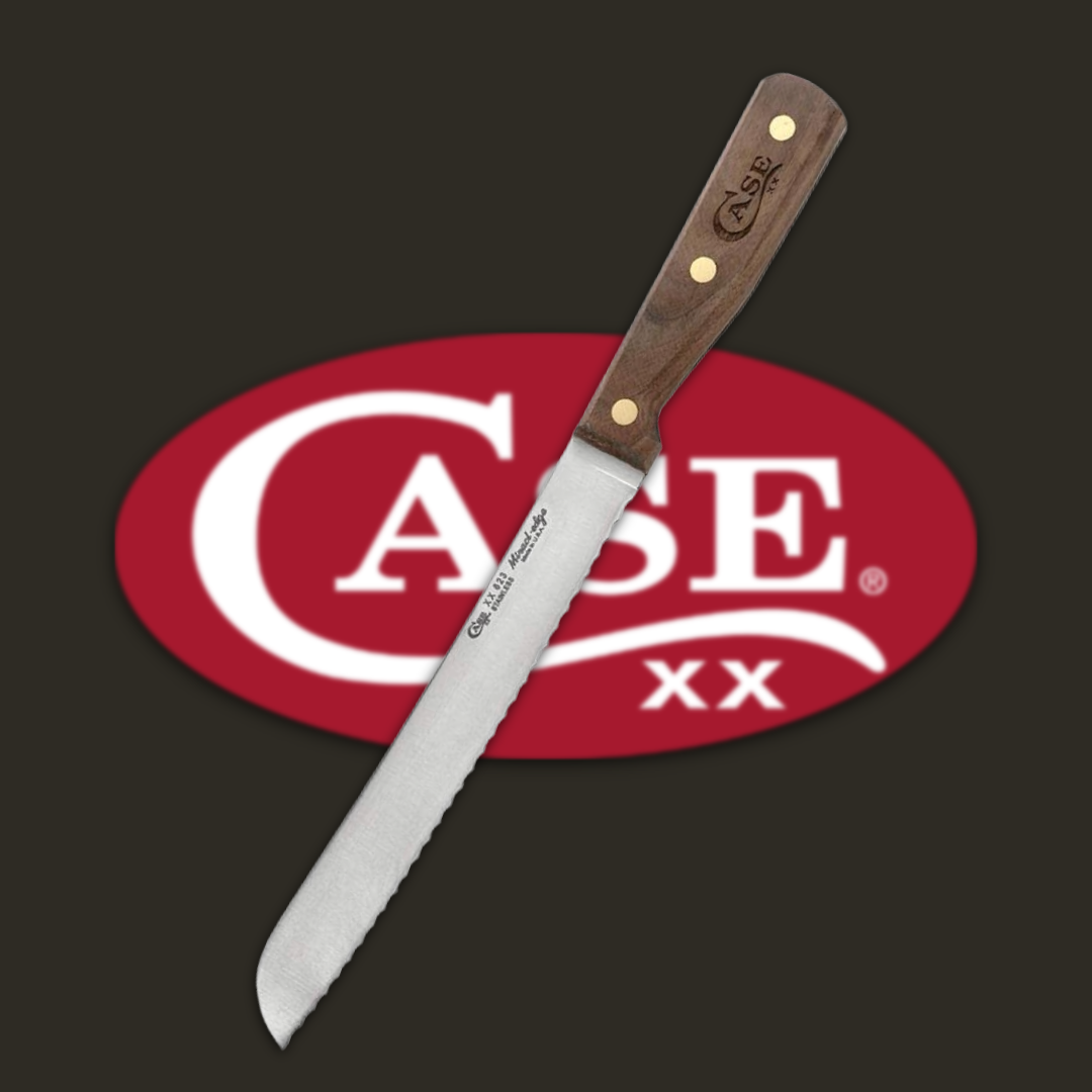 Knife with wooden handle against a Case logo background.