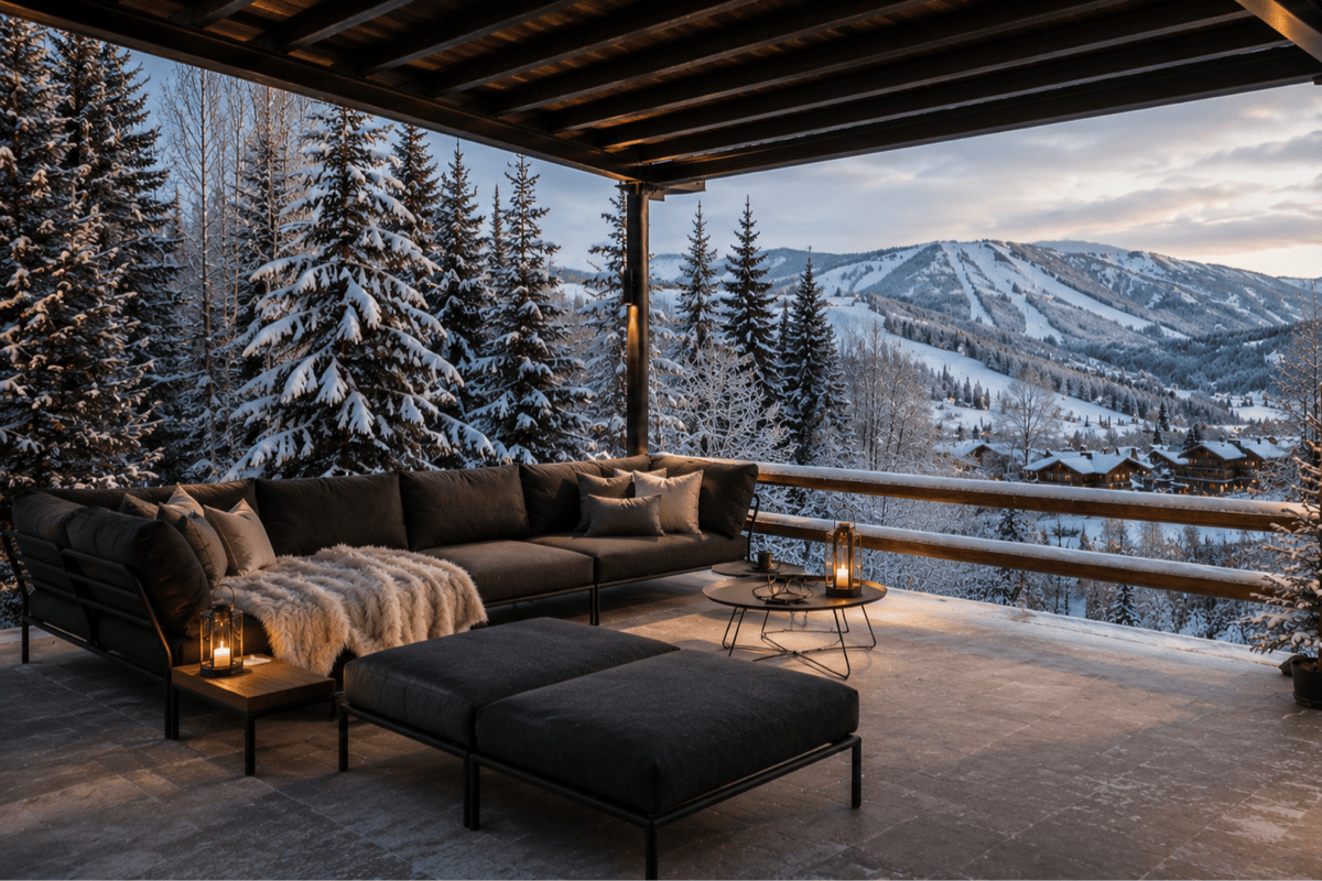 Ski cabin deck with deep outdoor seating, ottomans, lantern lighting, and snowy mountain views.