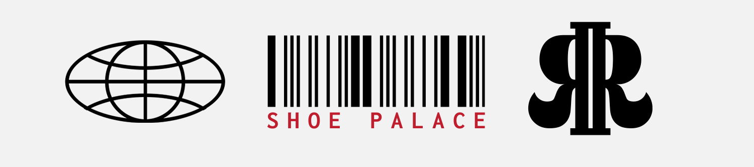 Logos of Shoe Palace with globe and barcode design.