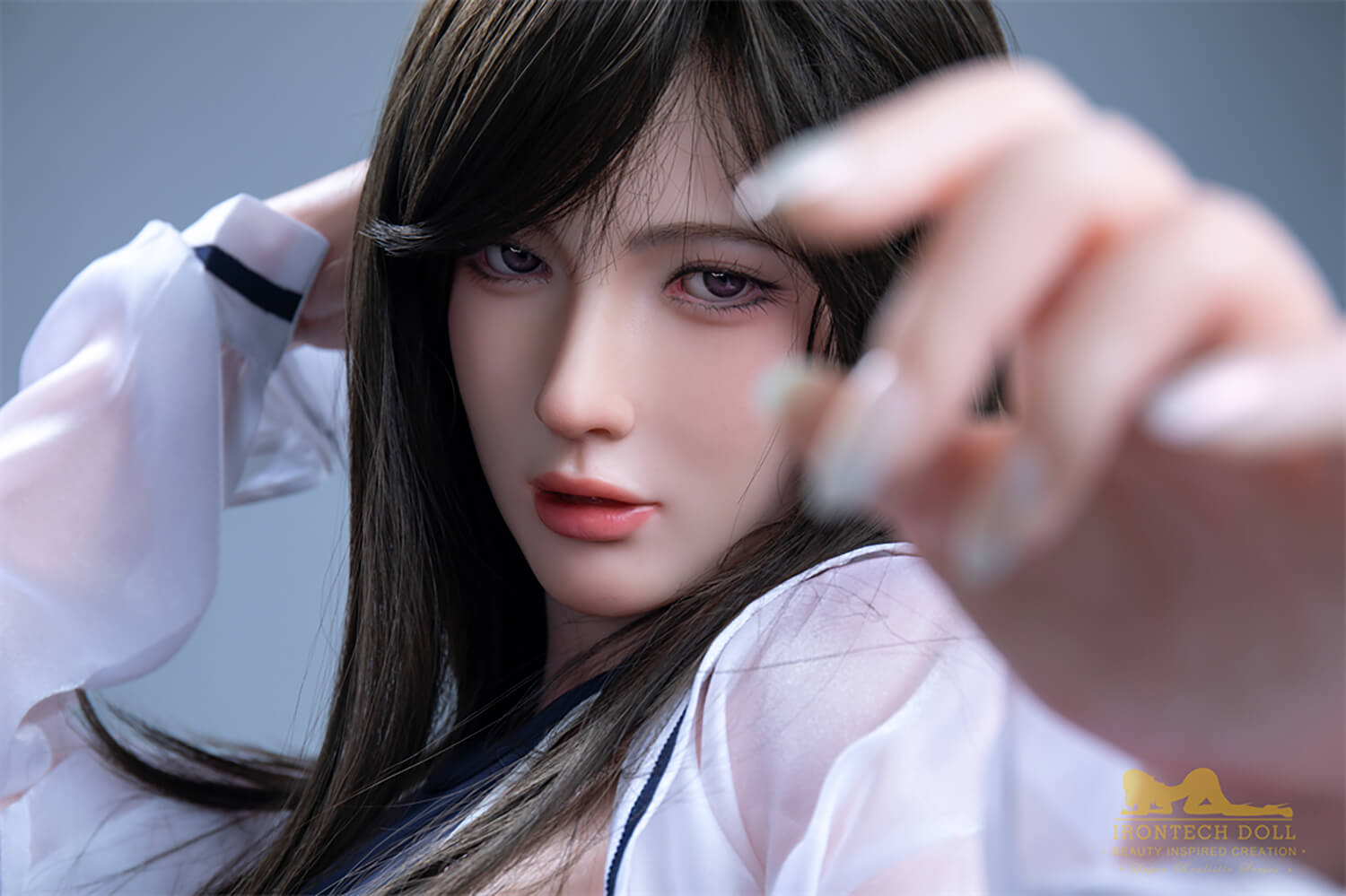 Taking realistic face shots - Realistic Sex doll looking directly at camera with hand extended