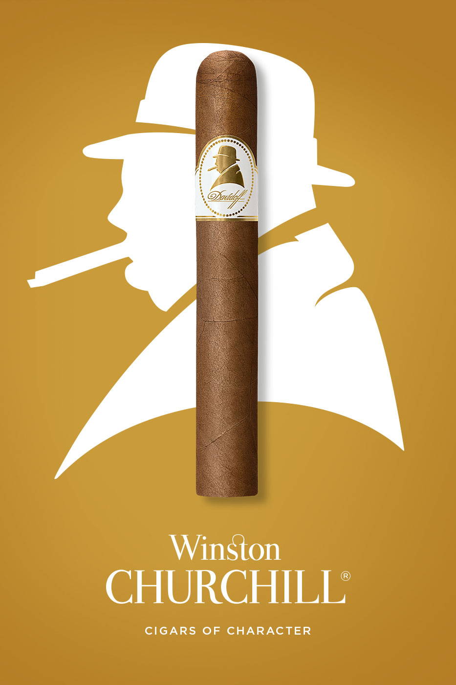 Goldener Banner mit Winston Churchills weisser Silhouette, vor der eine Davidoff Winston Churchill «The Original Series»-Zigarre steht.