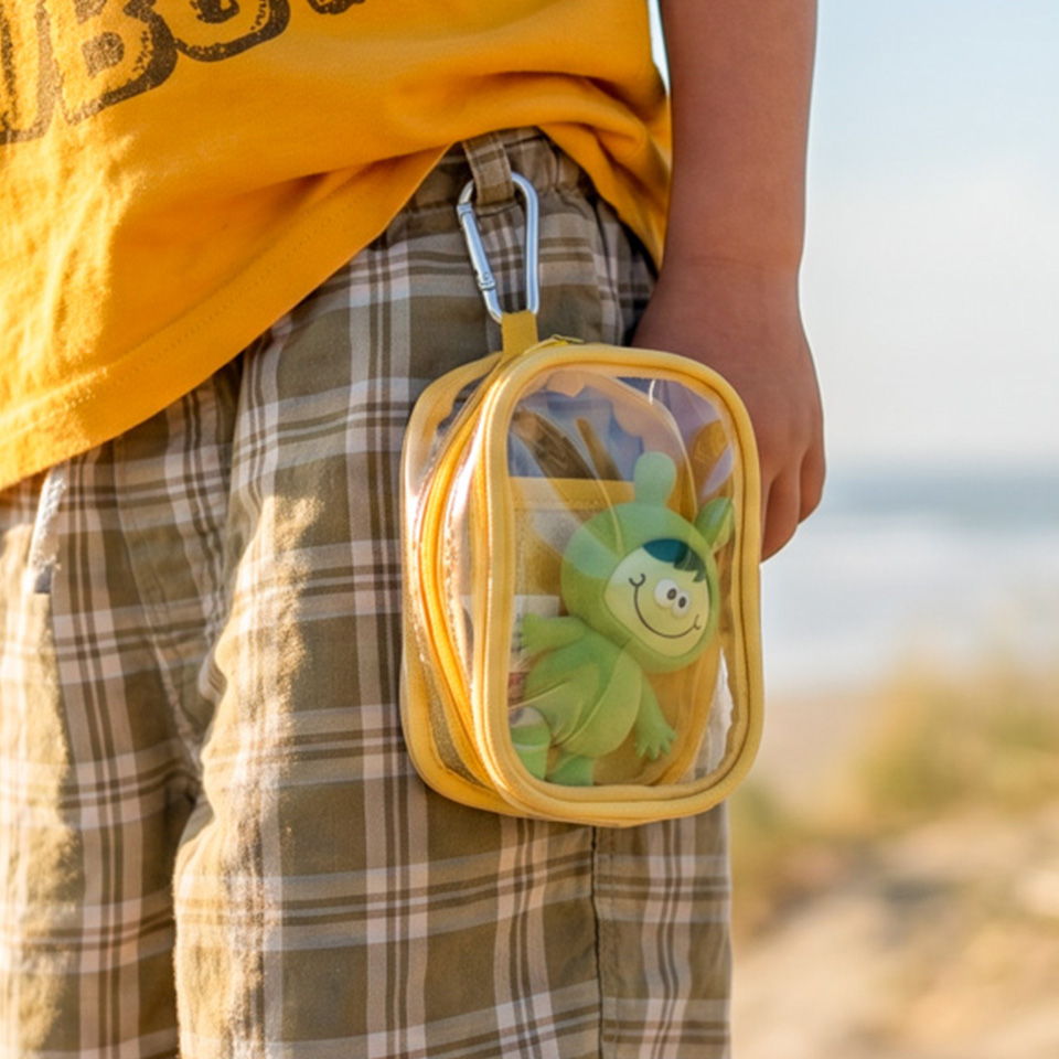 Child holding a yellow bag with a green toy inside by the beach.