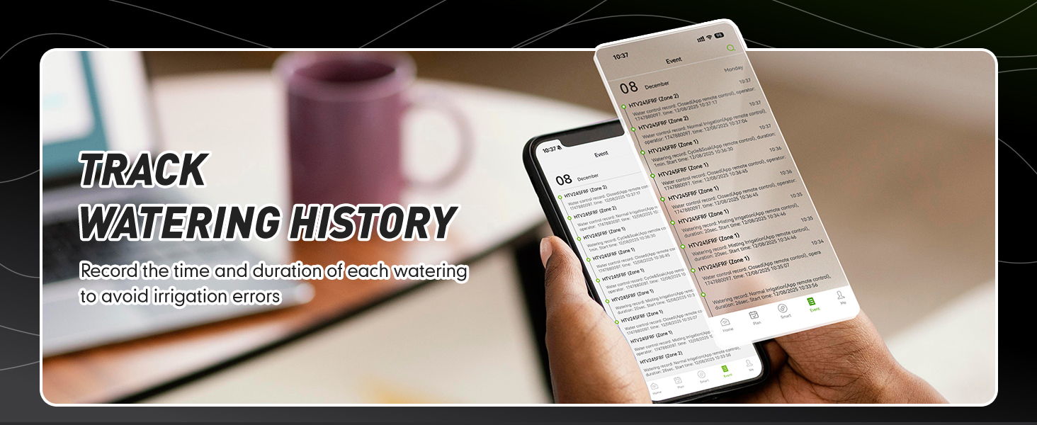 A person holding a phone displaying a watering history app.