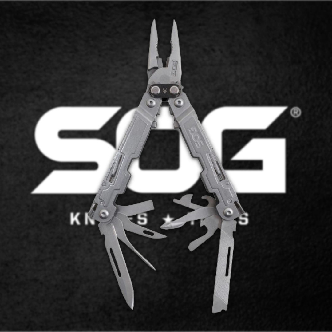 Multi-tool with pliers and various tools against SOG logo background.