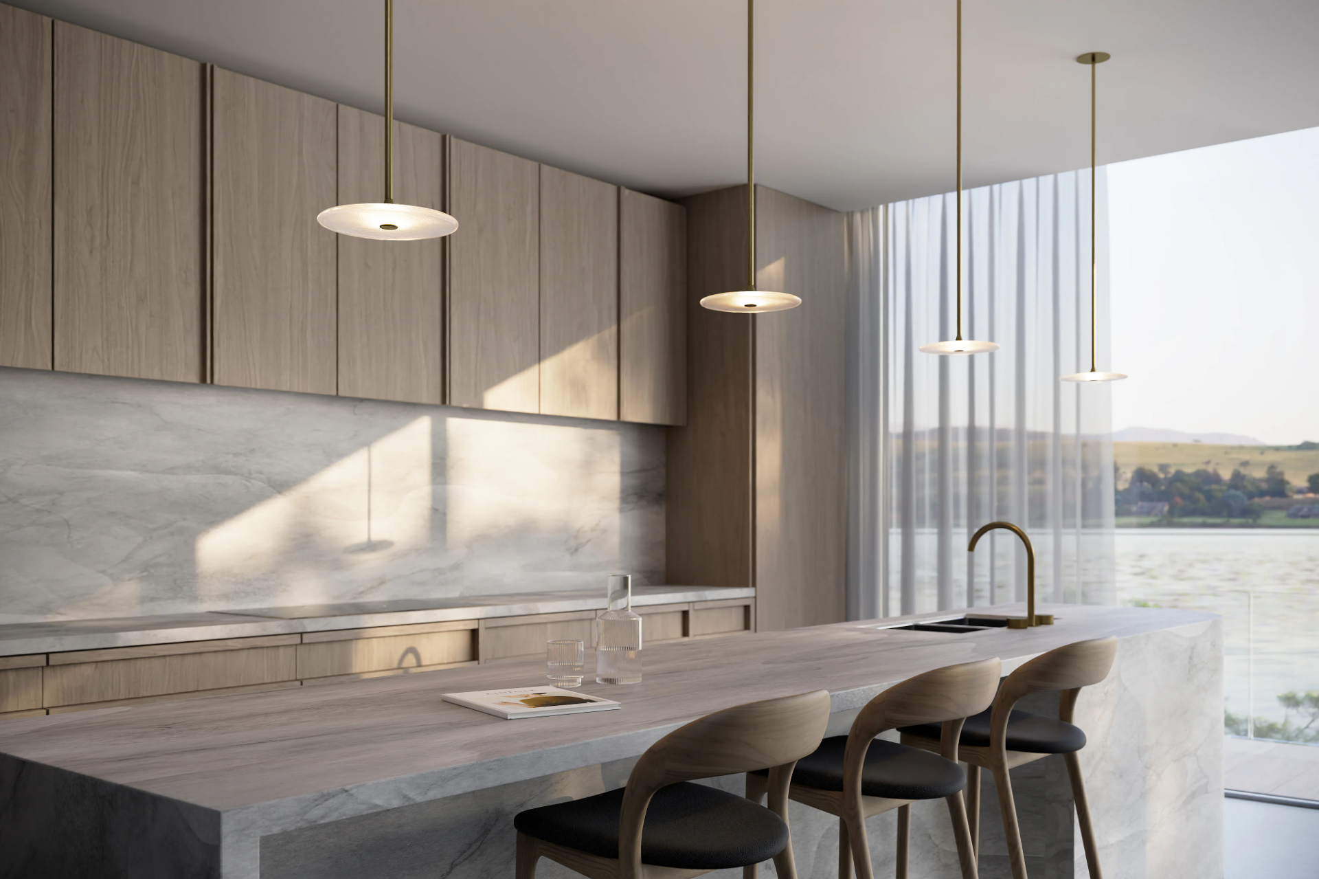 Coral Single Rod Pendant Lights overhanging a modern kitchen island bench