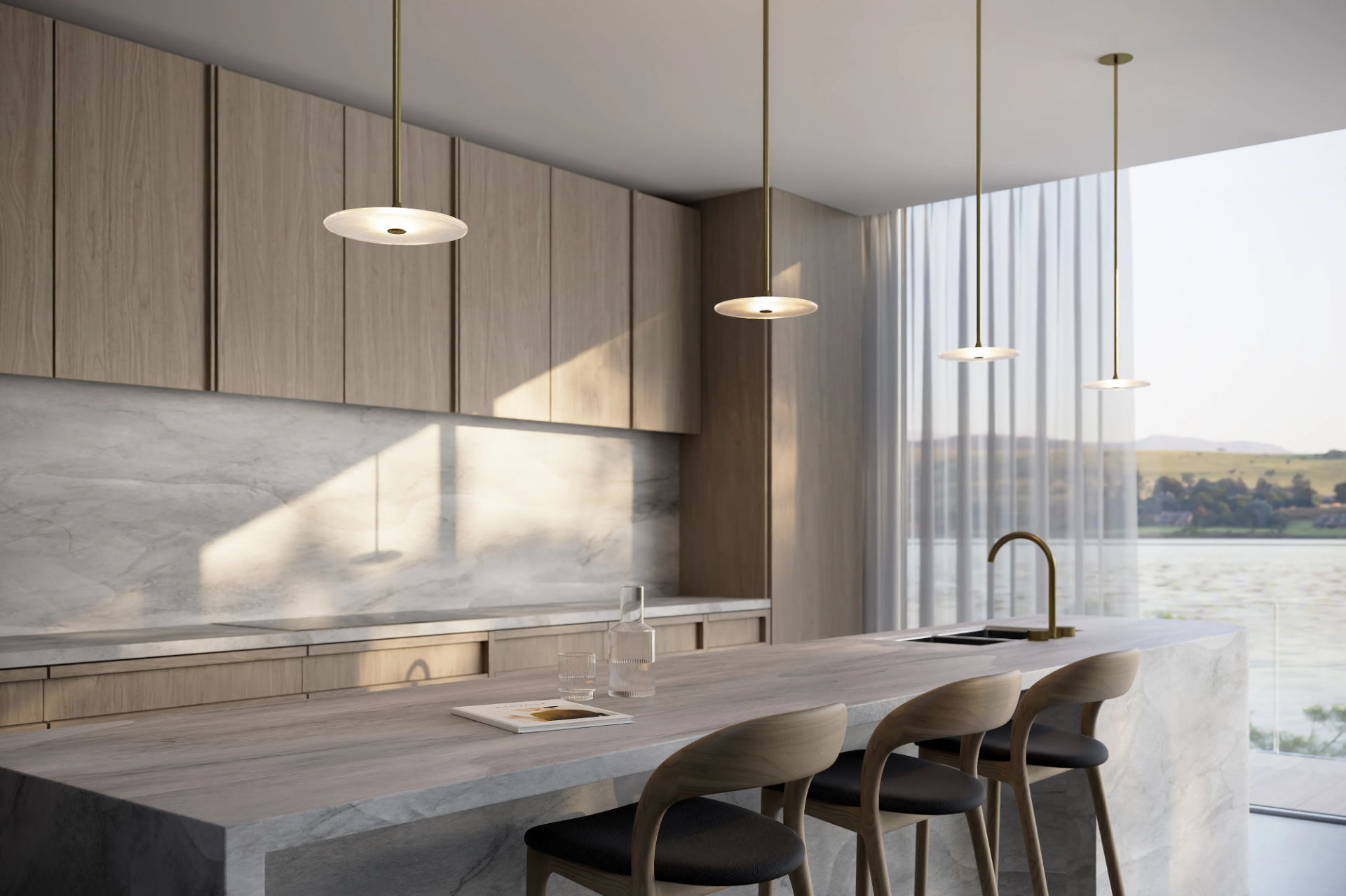 Coral Single Rod Pendant Lights overhanging a modern kitchen island bench