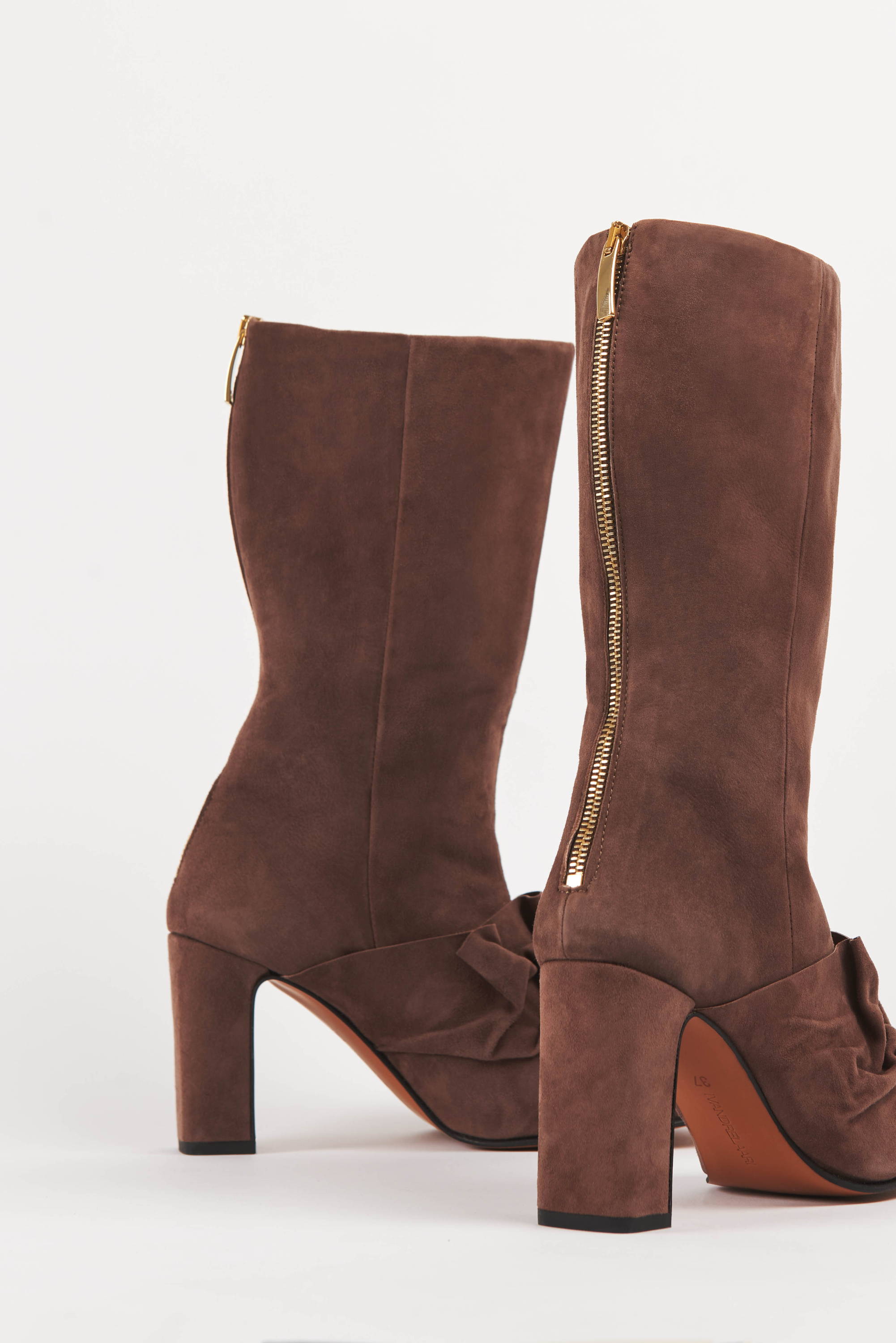 Vandrelaar Greta brown suede high-heel boot for women with gold zip detail