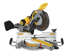 A miter saw with a yellow and black design, mounted on a stand.