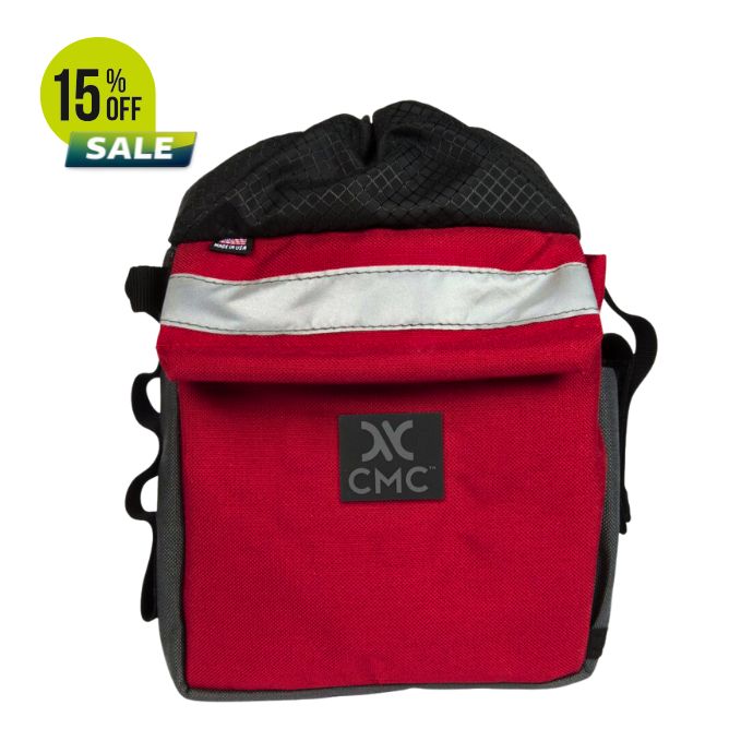Red backpack with a black top, featuring a sale tag for 15% off.