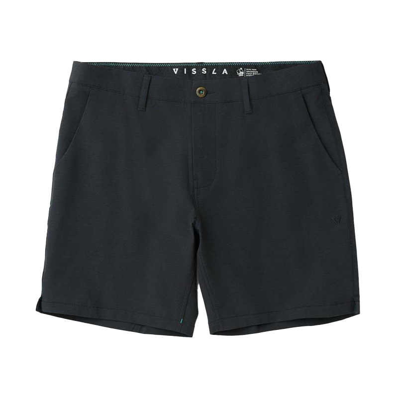Black shorts with front pockets and a button closure.