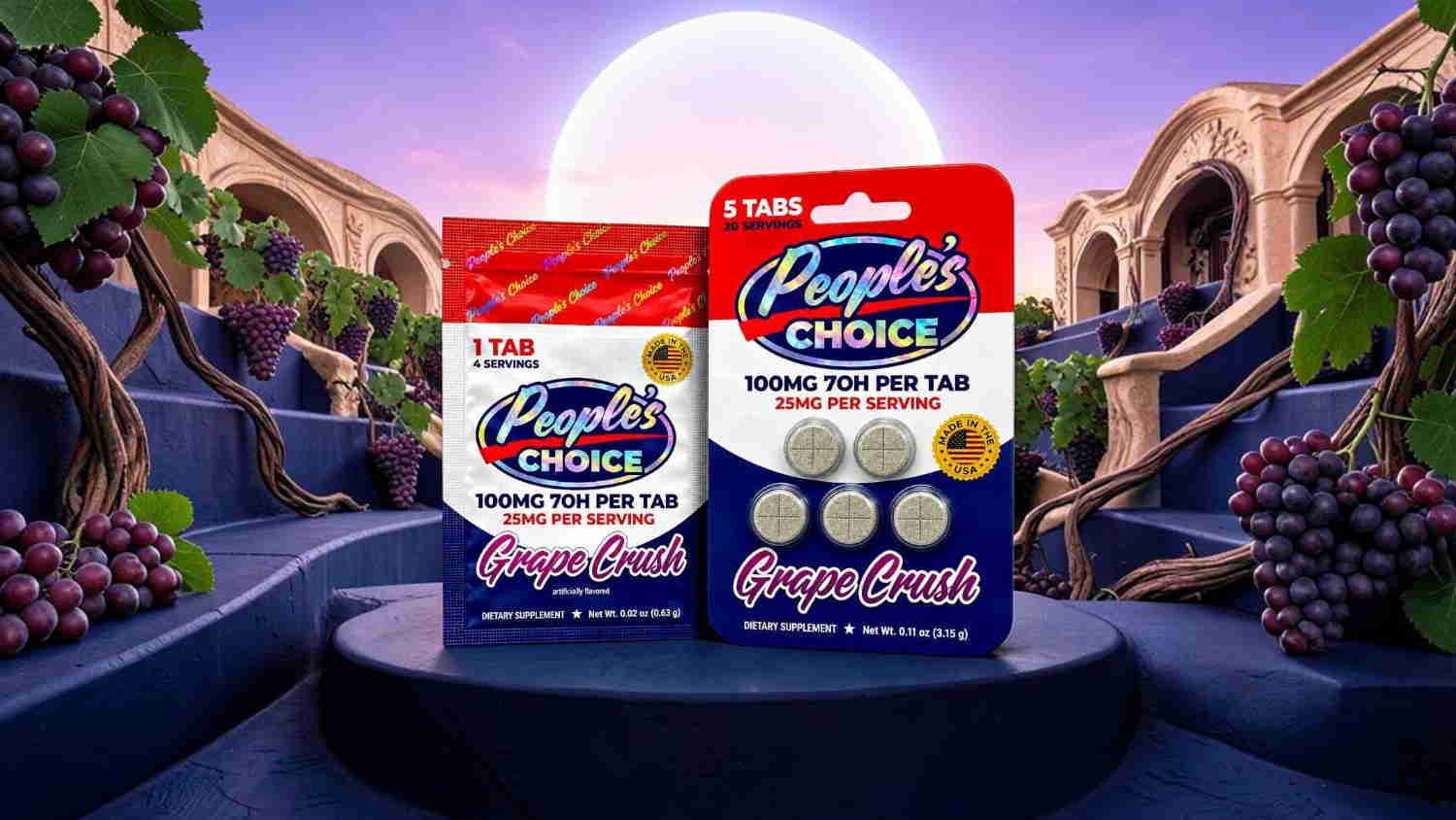 Packaged product displayed with a colorful background and grape-themed elements.