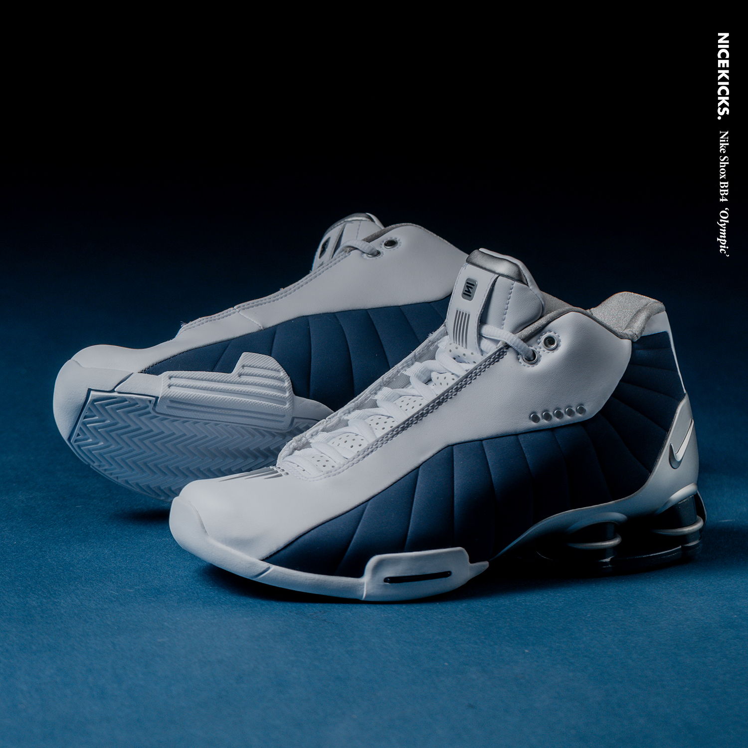 A pair of stylish sneakers on a dark blue background.