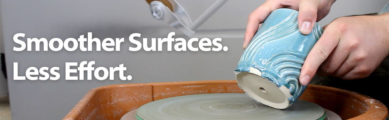 An image of a pot getting glaze drips sanded off with text that says 