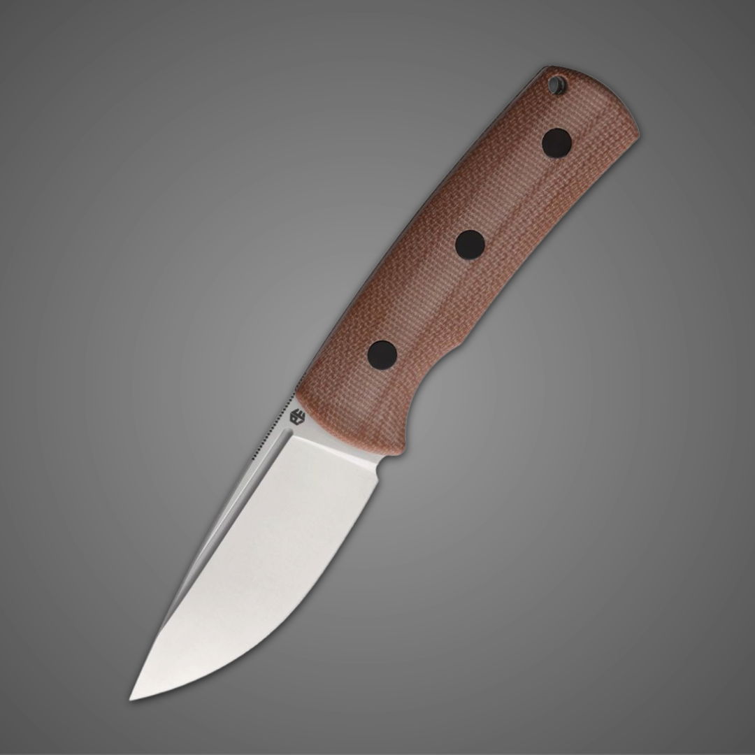 A stainless steel knife with a brown handle and three rivets.