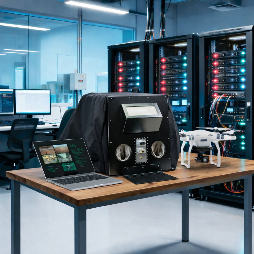 A workstation with a laptop, drone, and equipment in a tech environment.
