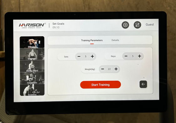 Tablet displaying a training interface with controls and a start training button.