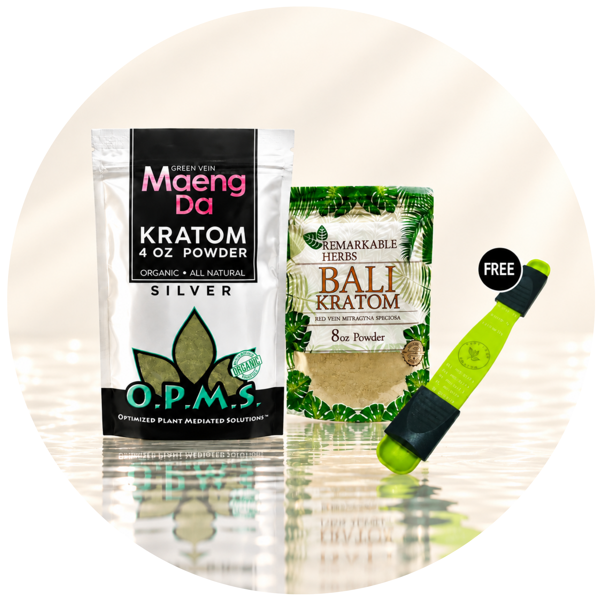 Kratom products displayed with a free green item on a reflective surface.